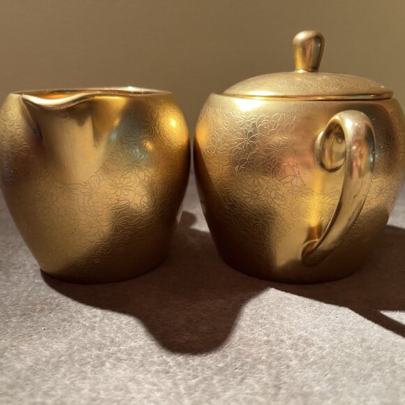 1930s Pickard Sugar and Creamer Set - Gold Encrusted Rose and Daisy Pattern - Picture 3 of 5